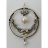 A BELLE EPOCH PEARL AND DIAMOND PENDANT with rose cut diamond set swag, pearl flowers and pearl