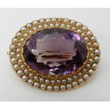 A 15CT GOLD PEARL AND AMETHYST BROOCH amethyst approx 2.1cm x 1.6cm, brooch dimensions 3.2cm x 2.