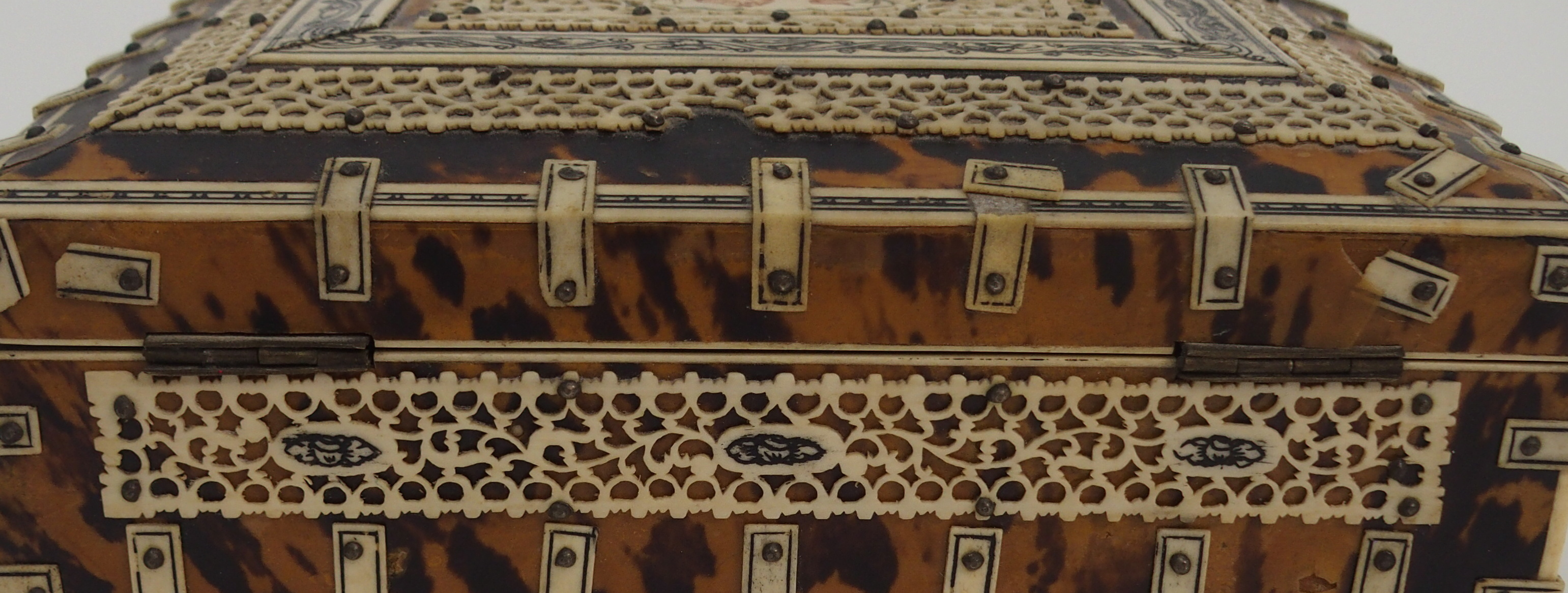 A VIZAGAPATAM JEWELLERY BOX the hinged cover with lion cartouche within pierced foliate bands, the - Image 6 of 9