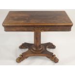 A VICTORIAN ROSEWOOD FOLD-OVER CARD TABLE with anthemion scroll frieze above a fluted column on