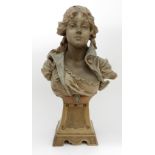 A GOLDSCHEIDER TERRACOTTA BUST OF A MAIDEN upon plinth, with plaque to back incised Goldscheider