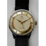 A GENTS STAINLESS STEEL VINTAGE OMEGA SEAMASTER WRISTWATCH with linen textured dial, gold coloured