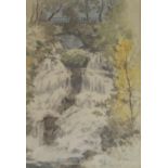 •ROBERT EADIE RSW (SCOTTISH 1877-1954) ROUKEN GLEN FALLS: BOAT AT A JETTY, WINDERMERE Watercolour,