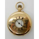 AN 18CT GOLD CASED HALF HUNTER POCKET WATCH with white dial subsidiary seconds dial, black Roman