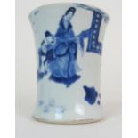 A CHINESE BLUE AND WHITE WAISTED VASE painted with a family group in a garden amongst plantain,
