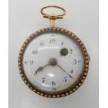 AN 18CT GOLD LADIES VERGE FOB WATCH WITH PEARL BEZEL stamped 18k to the stem, a white enamel dial