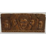 TWO BENIN CARVED OBA PLAQUES each with four figures surrounding the King and Queen, 32 x 77cm and 32