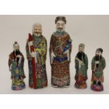 FIVE CANTON OFFICIALS comprising; one with staff, 33cm high, another with ruji scroll, 36cm high and