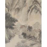 CHINESE SCHOOL village in a mountainous landscape, signed, watercolour, 39 x 28cm, scholar and