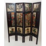 A CHINESE HARDWOOD AND MARBLE FOUR FOLD SCREEN painted with a mandarin and court, beneath four