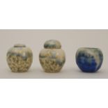 THREE MINIATURE RUSKIN POTTERY PIECES including a blue glazed bowl 2cm high, a crystalline glaze