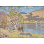 JAMES WRIGHT RSW (SCOTTISH C.1885-1947) LOCH AND HILLS ON A BRIGHT DAY Pastel, signed, 25.5 x 35.5cm