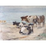 GEORGE SMITH RSA (SCOTTISH 1870-1934) CATTLE ON A BEACH Oil on board, signed, 29 x 38cm (11 1/2 x