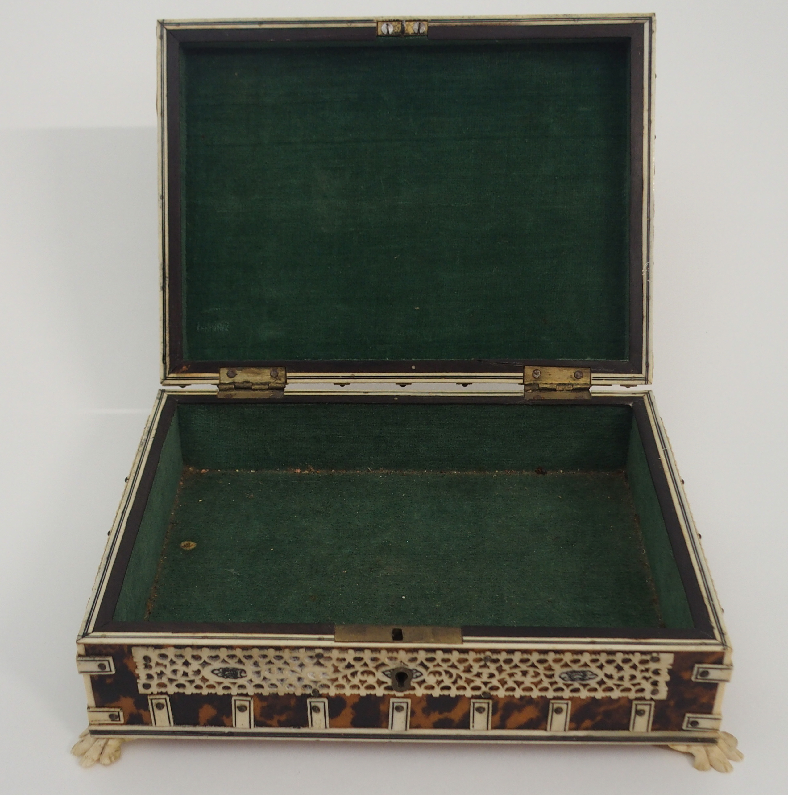 A VIZAGAPATAM JEWELLERY BOX the hinged cover with lion cartouche within pierced foliate bands, the - Image 4 of 9