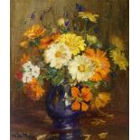 KATE WYLIE (SCOTTISH 1877-1941) ORANGE AND YELLOW MARIGOLDS Oil on canvas board, signed, 35 x