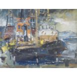 •JAMES WATT RSW, RGI (SCOTTISH B.1931) TWO TUGS Oil on canvas board, signed, 18 x 24cm (7 x 9 1/