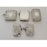 A SILVER VESTA maker's marks I.C. Birmingham 1901, 4cm square with foliate engraving and blank