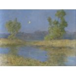 •JOHN MURRAY THOMSON RSA, RSW, PSSA (SCOTTISH 1885-1974) CRESCENT MOON ON THE RIVER Oil on panel