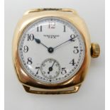 A 9CT GOLD GENTS WALTHAM TRENCH STYLE WRISTWATCH with a white enamel dial black and red Arabic