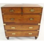 A 19TH CENTURY TEAK BRASS BOUND TWO SECTION CAMPAIGN CHEST with two short drawers over three drawers