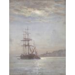 PATRICK DOWNIE RSW (SCOTTISH 1854-1945) TALL SHIP AND TUG OFF GOUROCK Oil on canvas board, signed,