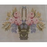 AN EARLY 20TH CENTURY PETIT POINT EMBROIDERY depicting roses and lily of the valley in a basket,