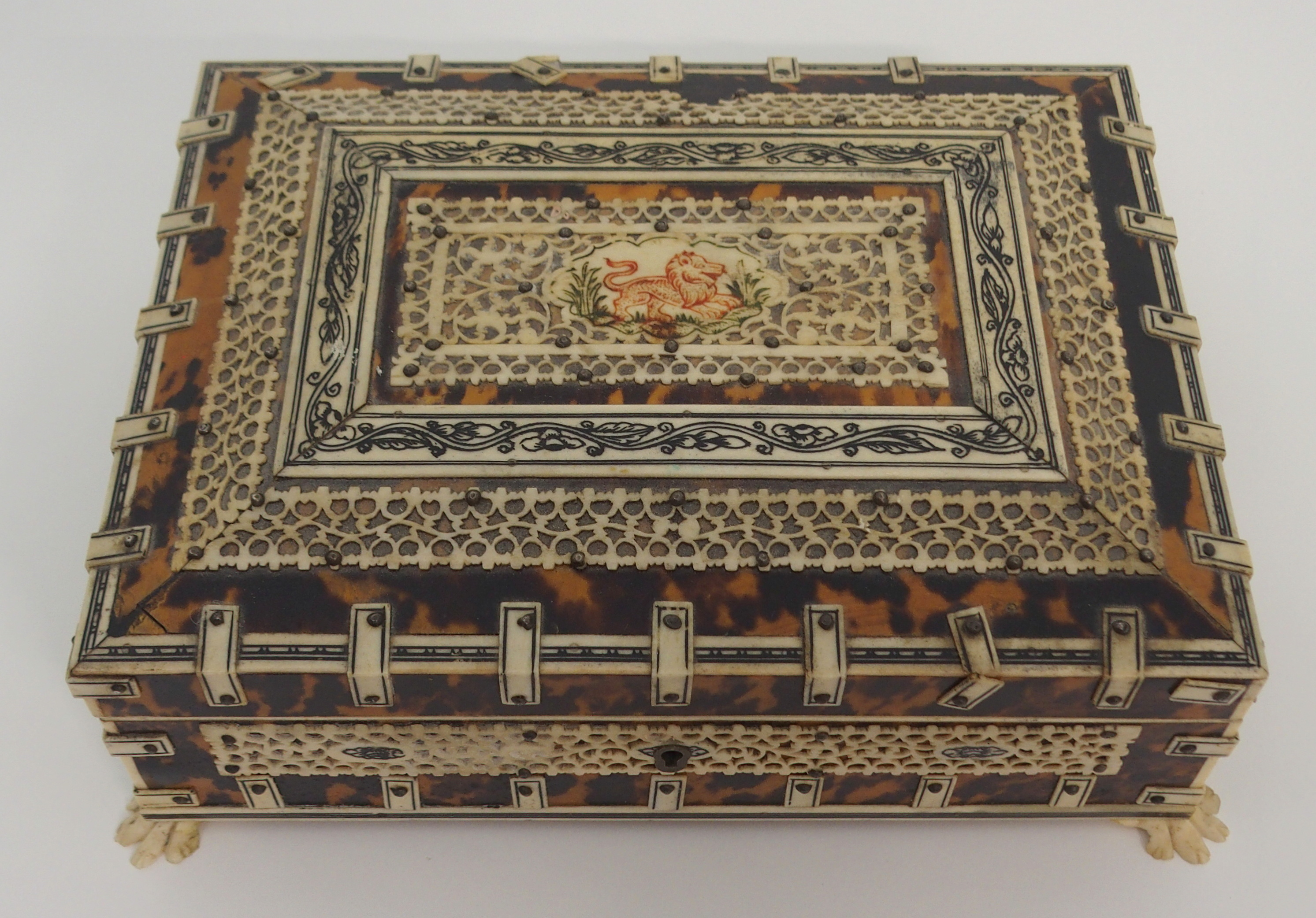 A VIZAGAPATAM JEWELLERY BOX the hinged cover with lion cartouche within pierced foliate bands, the - Image 3 of 9