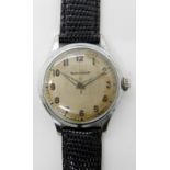 A GENTS JAEGER LE COULTRE CHROMED WATCH with Arabic numerals to the silvered dial with luminous