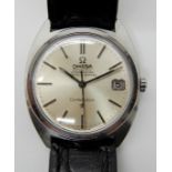 A STAINLESS STEEL GENTS OMEGA AUTOMATIC CONSTELLATION WATCH with silvered dial silver coloured baton