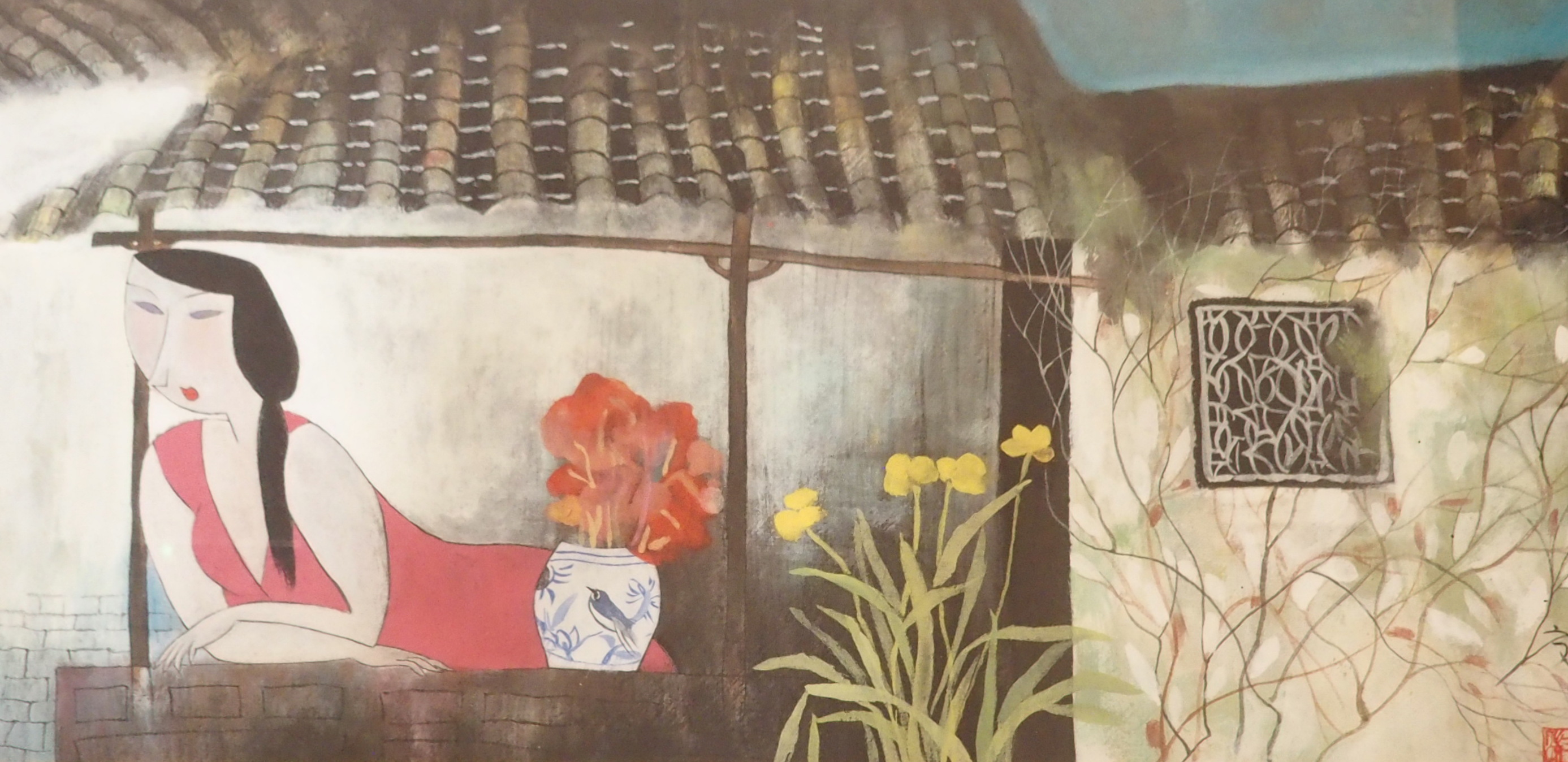 CHINESE CONTEMPORARY SCHOOL Figure resting on a ledge, signed, gouache, 23 x 46cm, naked woman