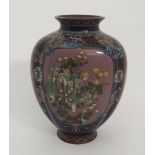 A JAPANESE CLOISONNE LOBED OVIFORM VASE decorated with panels of doves amongst maple, peonies,