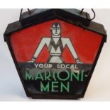 A LARGE MARCONI METAL AND GLASS DOUBLE-SIDED ADVERTISING SIGN areas of wear and paint loss with