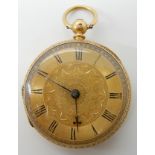 AN 18CT GOLD OPEN FACE POCKET WATCH with gold foliate design dial with black Roman numerals and