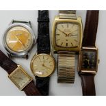 A COLLECTION OF VINTAGE WATCHES (5) to include, an Art Deco cased gold plated Waltham wristwatch