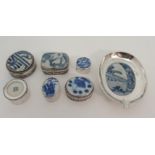 SIX CHINESE SILVER AND CERAMIC MOUNTED BOXES 3 to 5.5cm and an ashtray, 11cm wide all stamped 925 (