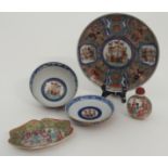 AN IMARI EXPORT BOWL, COVER AND DISH painted in the Dutch East Indies style, with ships and