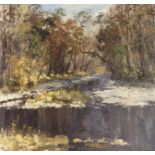 •HELEN M TURNER PPAI (SCOTTISH B. 1937) THE RIVER STINCHAR Oil on canvas, signed, 67 x 71cm (26 1/21
