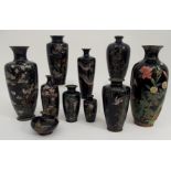 TEN JAPANESE CLOISONNE VASES comprising; vase with birds amongst mixed flowers, 25cm high, birds