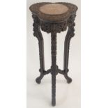 A CHINESE ROSEWOOD PEDESTAL the trefoil top with inset marble roundel and on pierced foliate