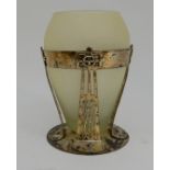 AN ARTS AND CRAFTS ECCLESIASTICAL STYLE VASE the frosted glass vase within a plated metal stand 26cm