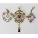 THREE EDWARDIAN PENDANTS a 9ct gold amethyst and pearl pendant, length with bail 5.7cm x 2.5cm,