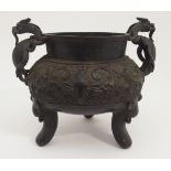 A CHINESE BRONZE ARCHAIC CENSER the handles cast as two grotesque beasts outward facing above taotie