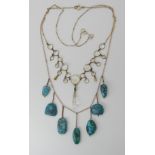 TWO VINTAGE GEM SET NECKLACES a 9ct turquoise matrix drop necklace, middle turquoise approx 19mm x