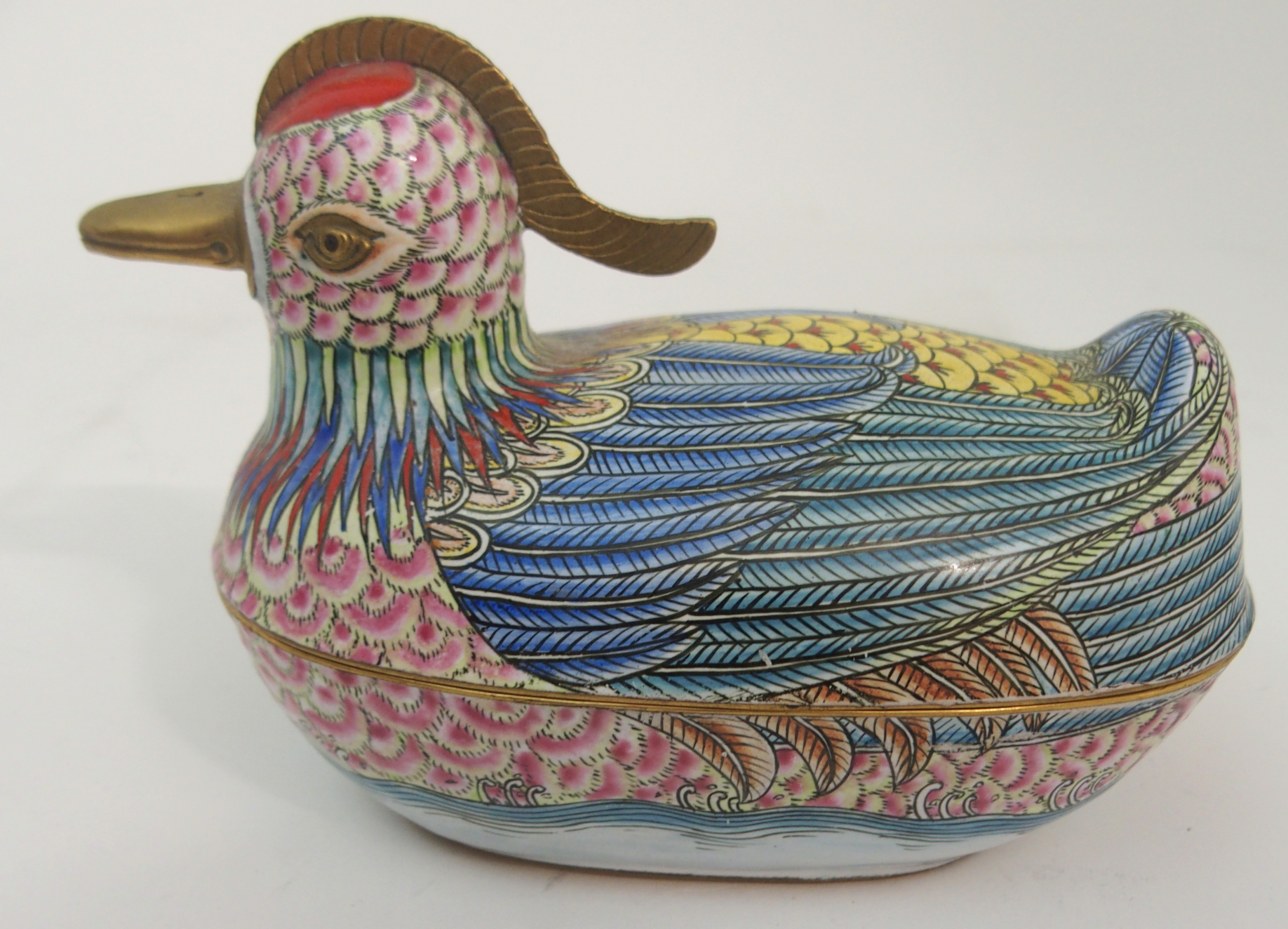 A PAIR OF CANTON ENAMEL MANDARIN DUCK TUREENS each painted with bright ...