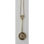 A 9CT ART DECO TWIN HALO DIAMOND AND PEARL FLOWER NECKLACE length of pendant drop 3.8cm, length of