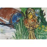 •JOHN RANDALL BRATBY RA (BRITISH 1928-1992) AMIDST IRISES AND DAISES ON A RIVERBANK Oil on canvas,