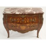 A LOUIS XVI STYLE MARQUETRY BOMBE SHAPED COMMODE the marble top above two deep drawers decorated
