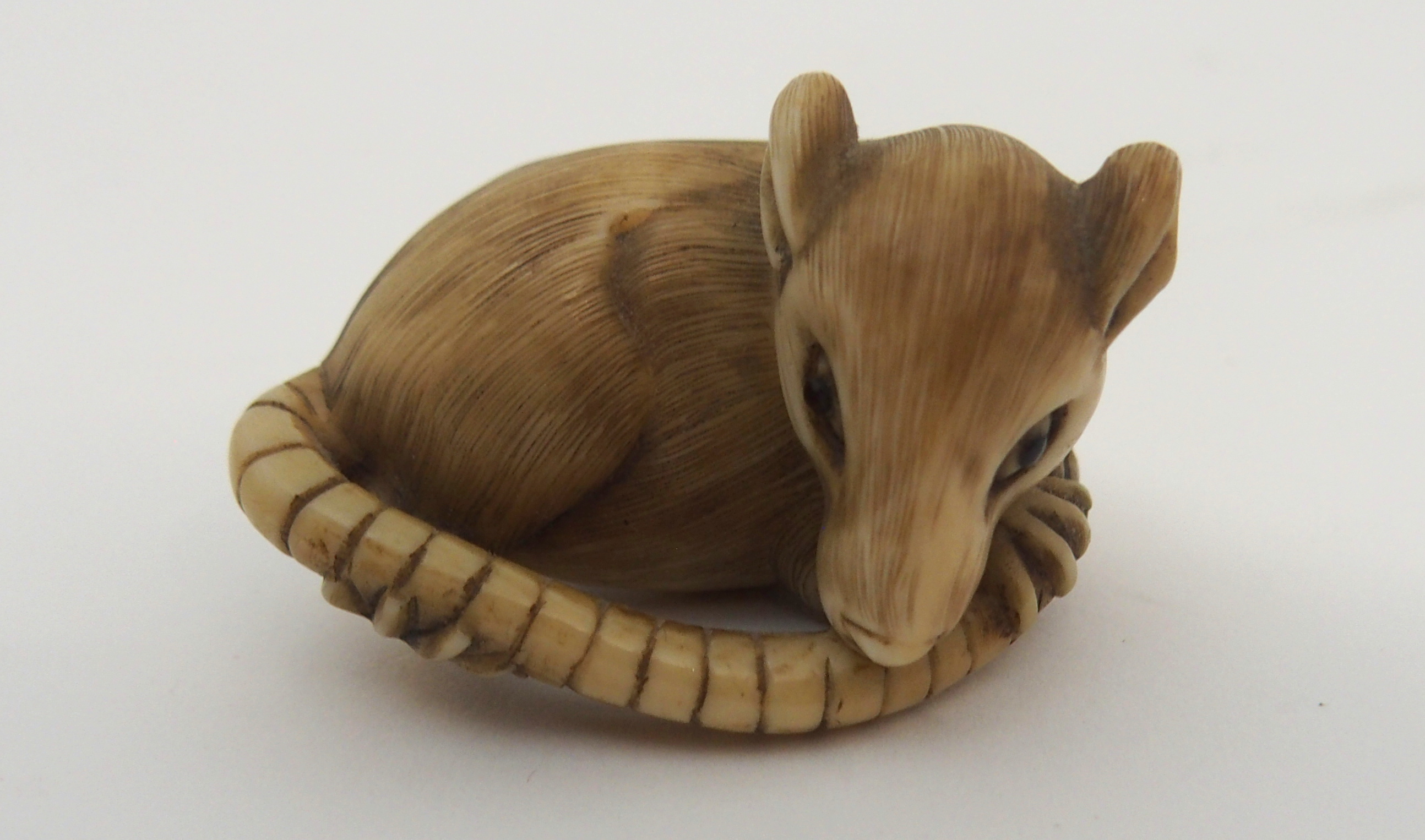 THREE JAPANESE IVORINE NETSUKE one as a rat holding a nut, signed, 3cm high, another chewing tail, - Image 4 of 7