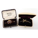 A 15ct gold twin heart shaped amethyst and pearl brooch weight 4gms, together with a 9ct gold