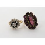 A yellow metal garnet cluster ring, approximate finger size G, together with a 9ct gold sapphire and